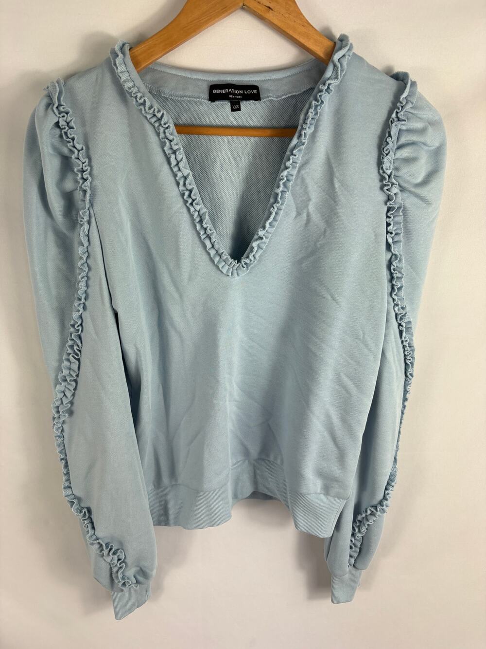 Generation Love V Neck Ruffle Trim Blue Sweatshirt Size XXS